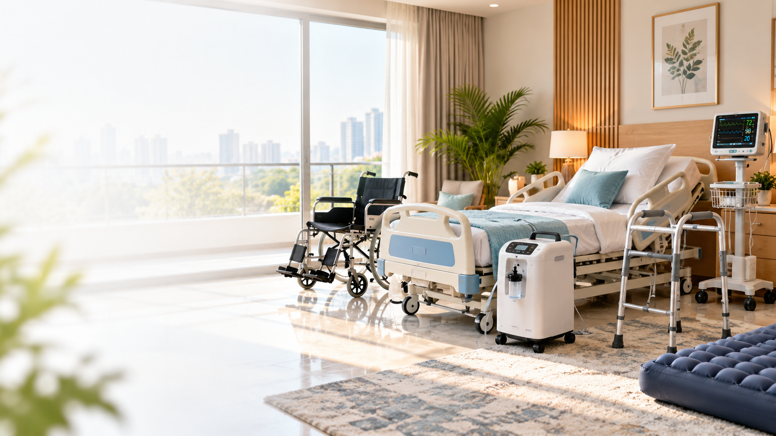 Hospital discharge home care medical equipment checklist in Gurgaon – hospital bed, oxygen concentrator, wheelchair, walker and monitor